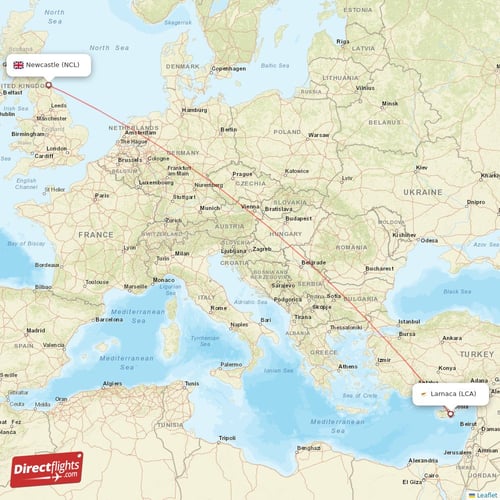 Larnaca - Newcastle direct flight map