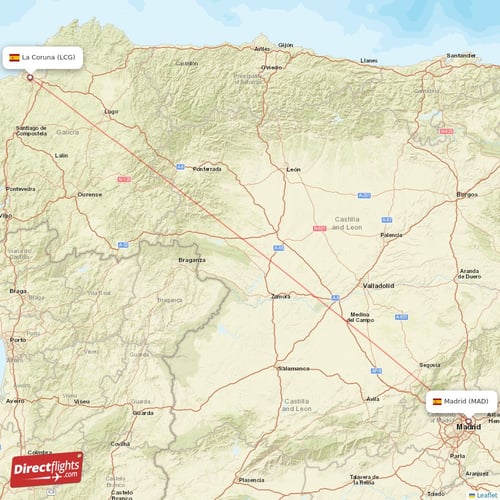 La Coruna - Madrid direct flight map