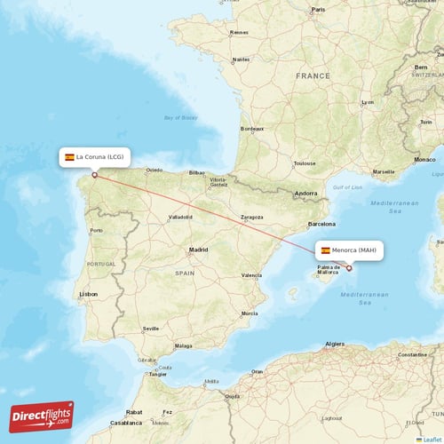 La Coruna - Menorca direct flight map