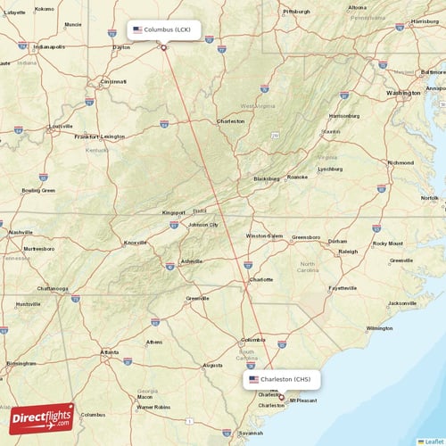 Columbus - Charleston direct flight map