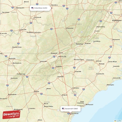 Columbus - Savannah direct flight map