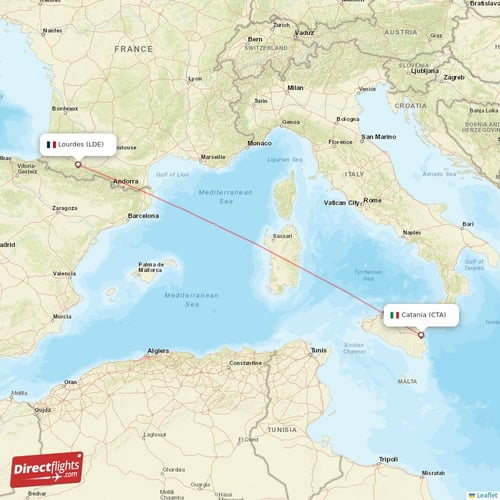 Lourdes - Catania direct flight map