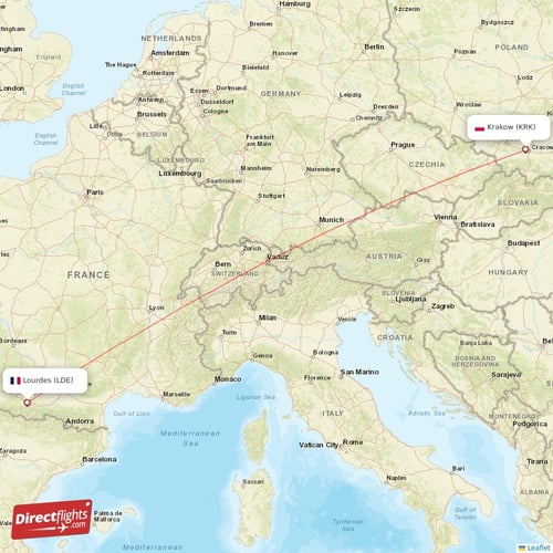 Lourdes - Krakow direct flight map
