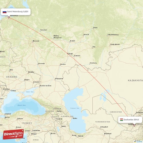 Saint Petersburg - Dushanbe direct flight map