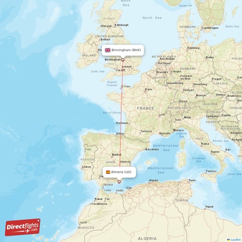 Almeria - Birmingham direct flight map