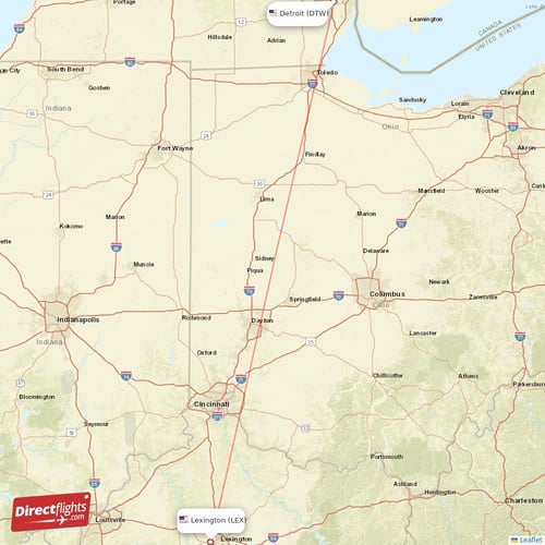 Lexington - Detroit direct flight map