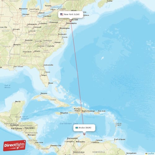 New York - Aruba direct flight map