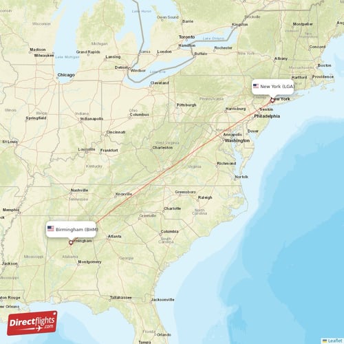 New York - Birmingham direct flight map