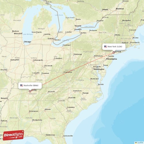 New York - Nashville direct flight map