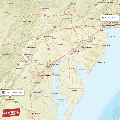 New York - Charlottesville direct flight map