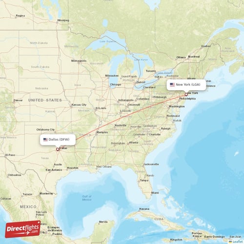 New York - Dallas direct flight map