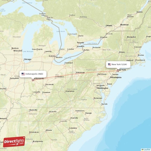 New York - Indianapolis direct flight map
