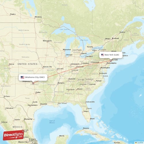 New York - Oklahoma City direct flight map