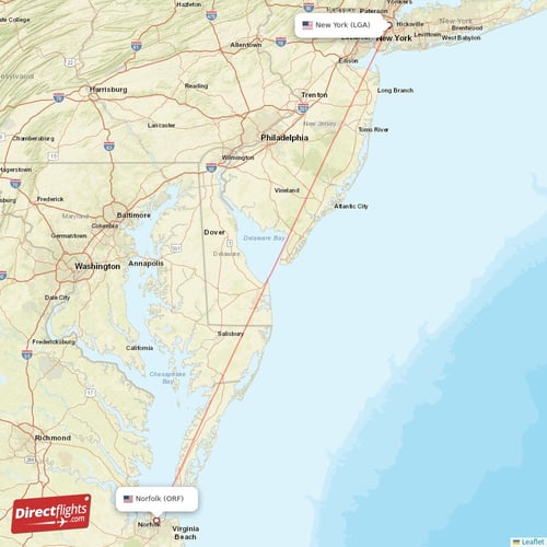 New York - Norfolk direct flight map
