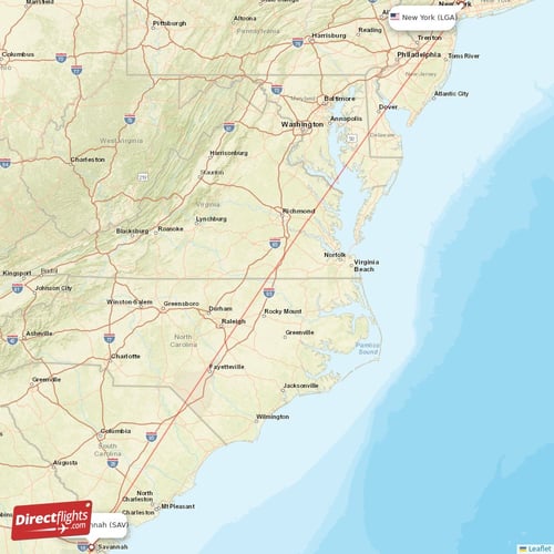 New York - Savannah direct flight map