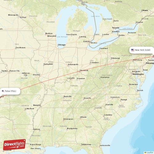 New York - Tulsa direct flight map