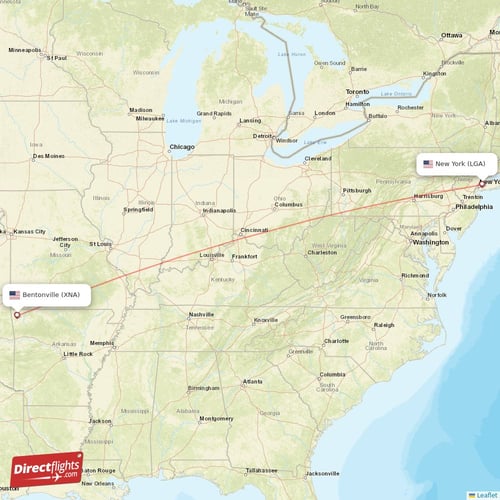 New York - Bentonville direct flight map