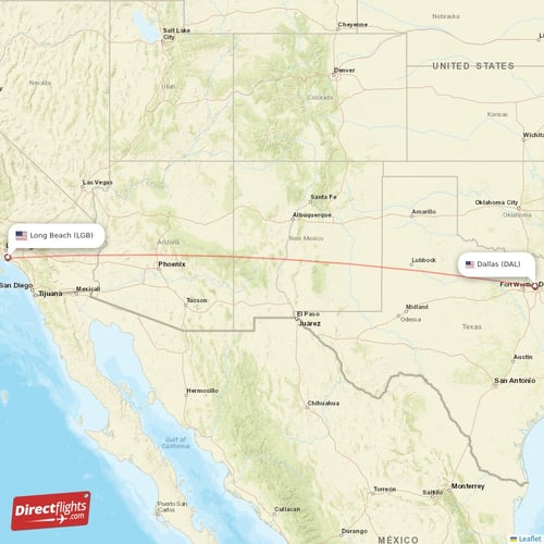 Long Beach - Dallas direct flight map