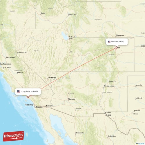 Long Beach - Denver direct flight map