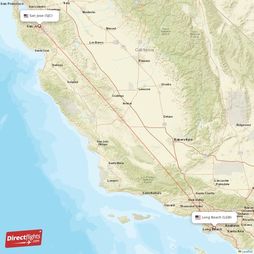 Long Beach - San Jose direct flight map