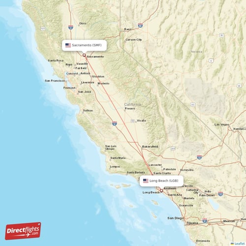 Long Beach - Sacramento direct flight map