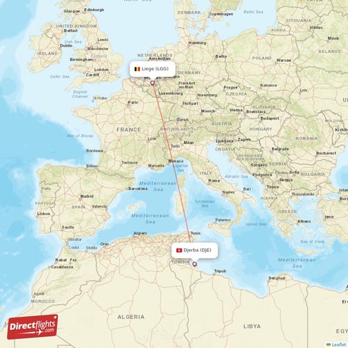 Liege - Djerba direct flight map