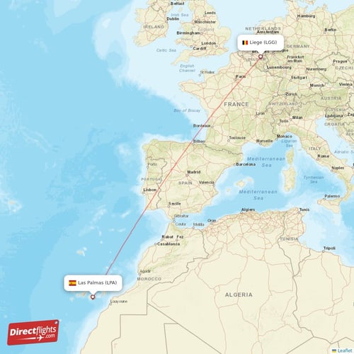 Liege - Las Palmas direct flight map