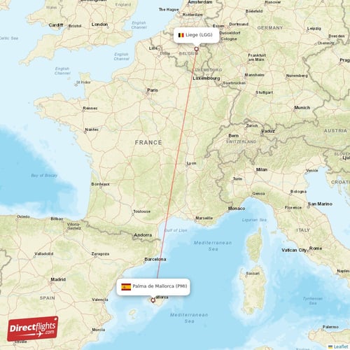 Liege - Palma de Mallorca direct flight map