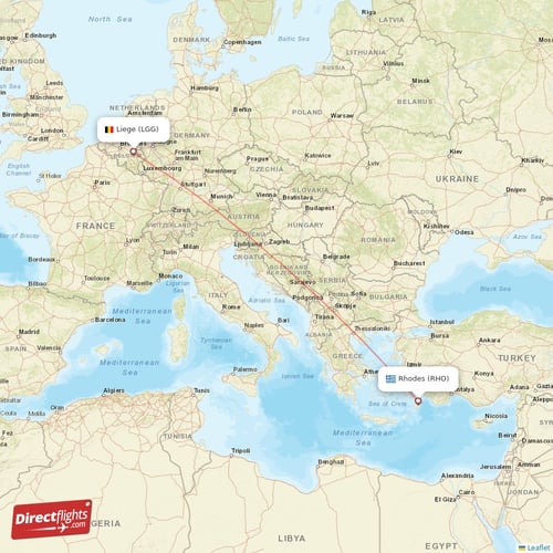 Liege - Rhodes direct flight map