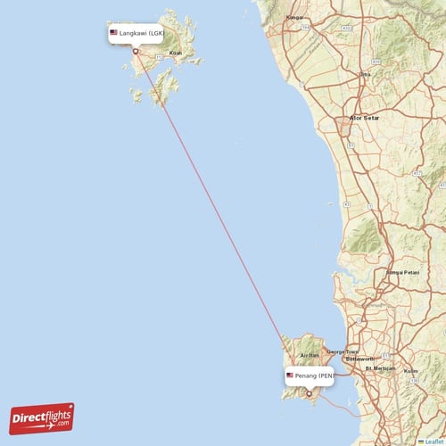 Langkawi - Penang direct flight map