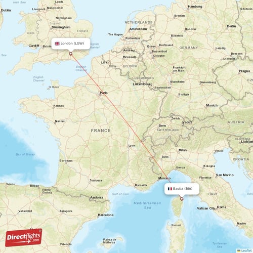 London - Bastia direct flight map