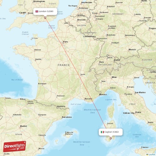 London - Cagliari direct flight map