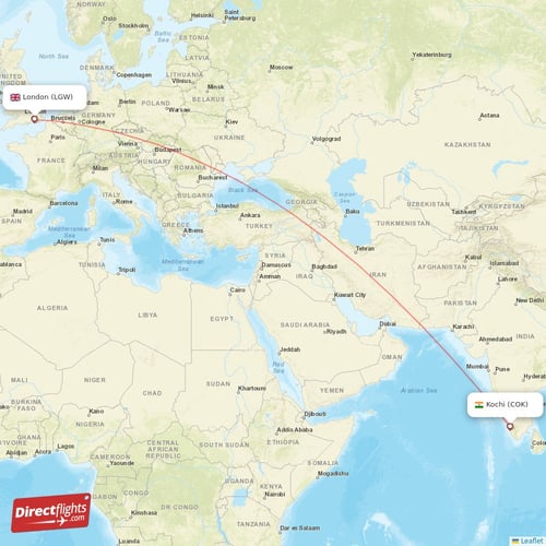 London - Kochi direct flight map