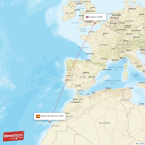 London - Puerto del Rosario direct flight map