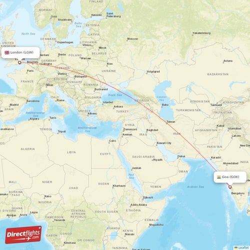 London - Goa direct flight map