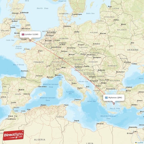 London - Mykonos direct flight map