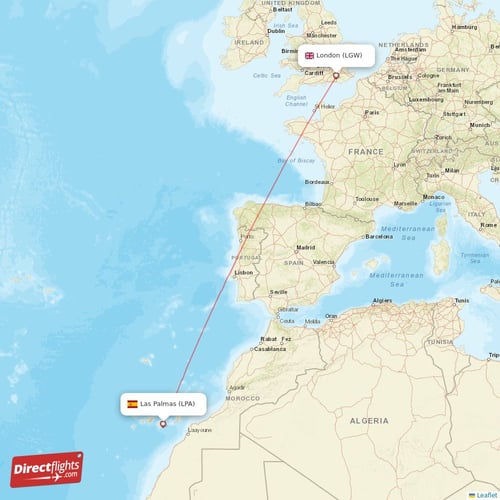 London - Las Palmas direct flight map