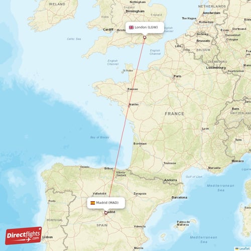 London - Madrid direct flight map