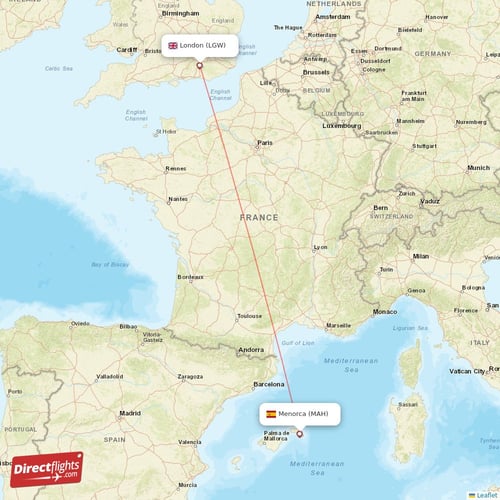 London - Menorca direct flight map