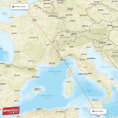 London - Malta direct flight map
