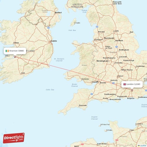 London - Shannon direct flight map