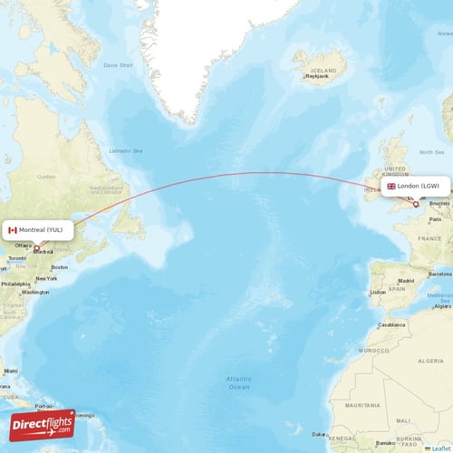 London - Montreal direct flight map