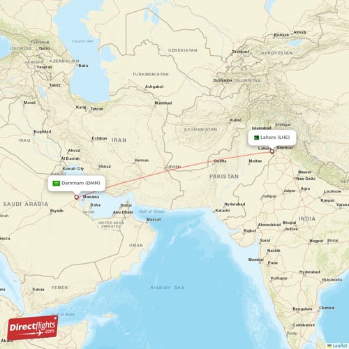 Lahore - Dammam direct flight map