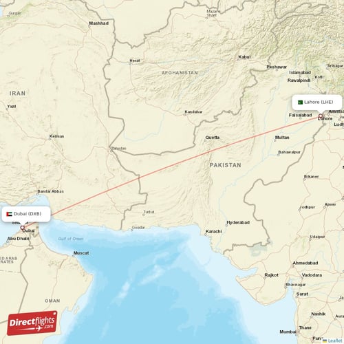 Lahore - Dubai direct flight map