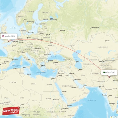 Lahore - London direct flight map