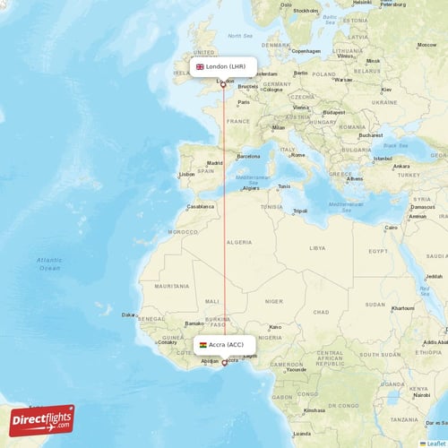London - Accra direct flight map