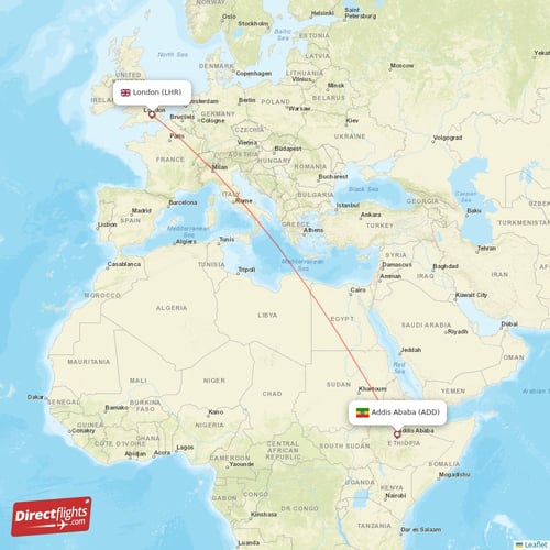 London - Addis Ababa direct flight map