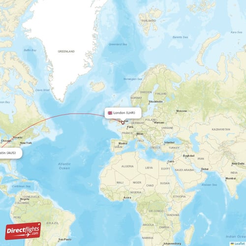 London - Austin direct flight map