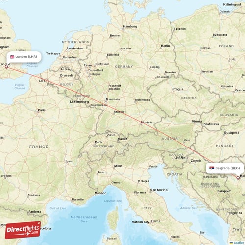 London - Belgrade direct flight map