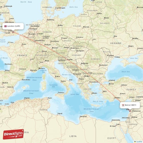 London - Beirut direct flight map